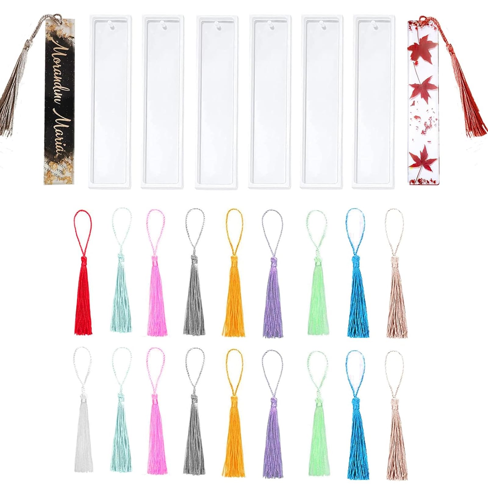 26 PCS Bookmark Epoxy Resin Mold, 6Pcs Silicone Bookmark Resin Moulds with 20 Pcs Colorful Tassels, DIY Transparent Resins Casting Bookmark Mould for Resins Jewelry Craft Decoration