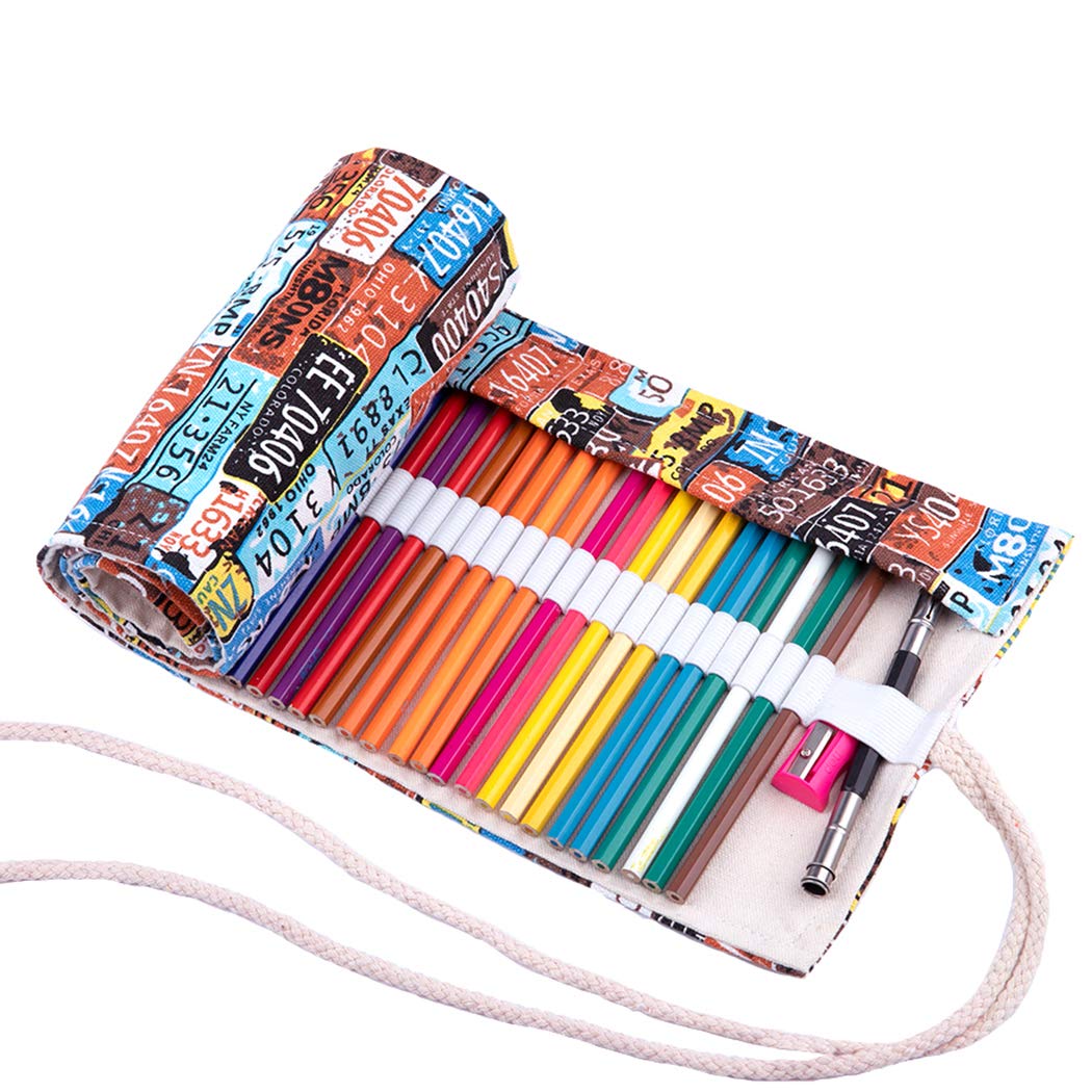 Amoyie Roll Up Pencil Case for 72 Coloured Pencils, Foldable Colouring Pen Organiser Bag, Canvas Coloring Pens Holder, Artist Wrap, Plate Number