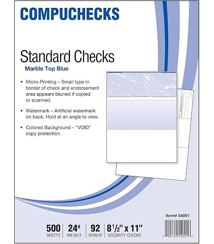 500 Blank Check Stock Paper - Blue Marble, Check On Top - Compuchecks