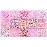 Mix 15 Color Glass Seed Tube Beads Glass Bugle Beads Loose Kit for Jewelry Making DIY Craft Beading (Mix 15 Color, Pink)