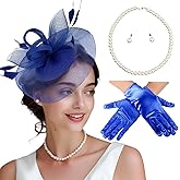MS.ING Fascinator Hats for Women Tea Party Hats and Gloves Pearl Jewelry Set Derby Hat for Cocktail Wedding