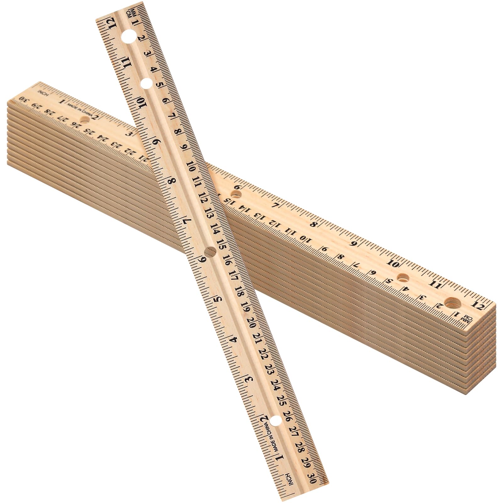 Photo 1 of AmazingSpark 12 Pack Wooden Ruler 12 Inch (30cm) Bulk Wood Measuring Ruler Straight Metal Edge with 4 Holes for School Office Drafting Classroom Supplies, 2 Scale
