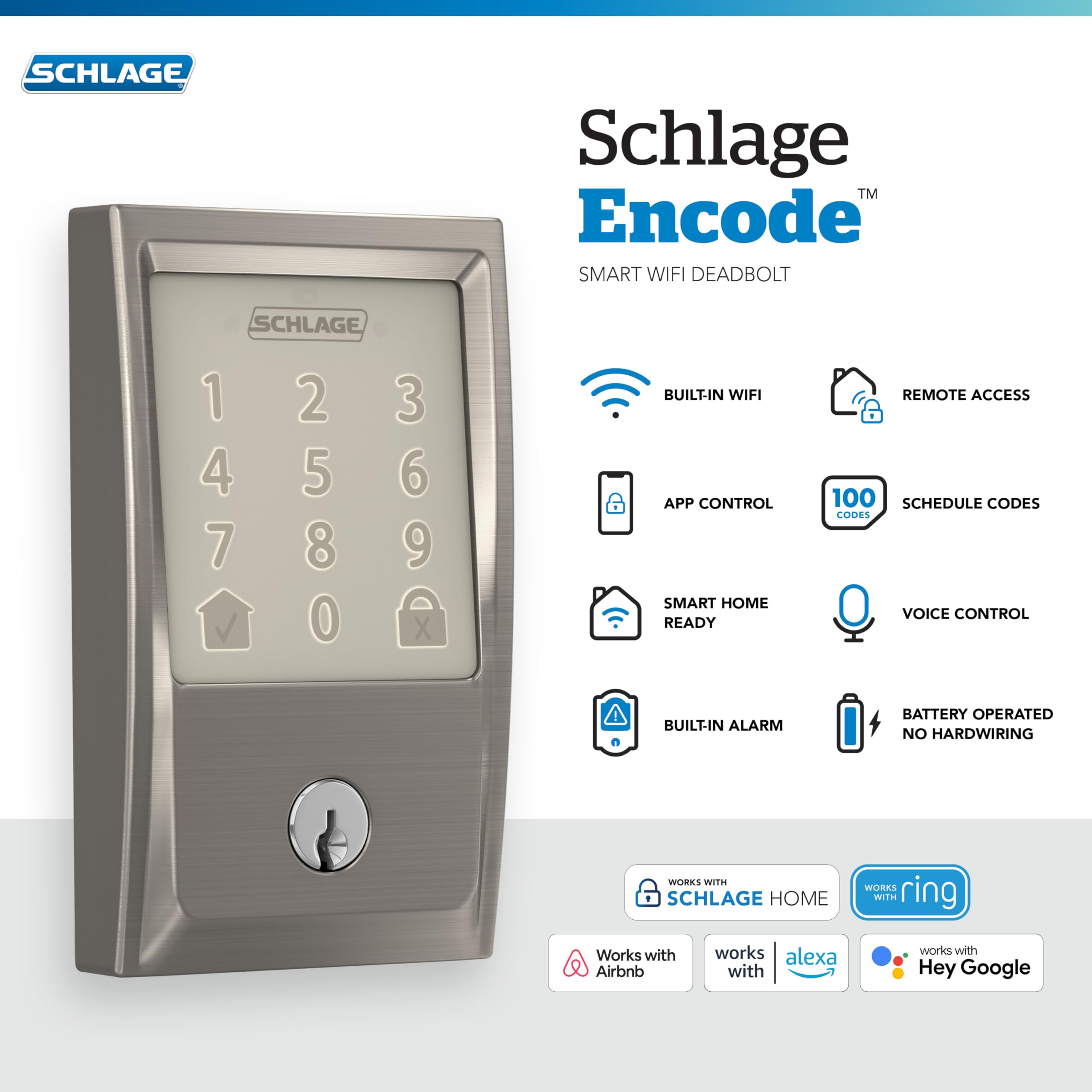Schlage Encode Smart WiFi Deadbolt Lock for Front Door - Keyless Entry with App or Touchscreen - Works with Alexa, Hey Google, & Airbnb - Create Codes for Guests - Satin Nickel Silver - View 4