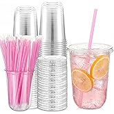 Ziliny 50 Pack 16 oz Clear Plastic Cups with Lids and Straws Disposable Iced Coffee Cups Round Bottom To carry Cup for Coffee Smoothie Cold Drinks Juice Milkshake Tea (Pink)