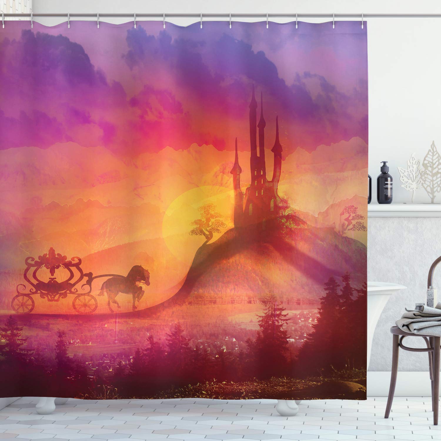 ABAKUHAUS Fantasy Shower Curtain, Gothic Medieval Castle and Carriage Horse Imaginary Kingdom Mystery Style Print, Cloth Fabric Bathroom Decor Set with Hooks, 78" Inches, Violet orange