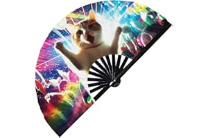 FAN-DOM Party Cat Rave Kitty Hand Fan Foldable Bamboo Circuit Rave Hand Fans Colorfull Party Gear Gifts Music Festival Rave Accessories (Style 7)