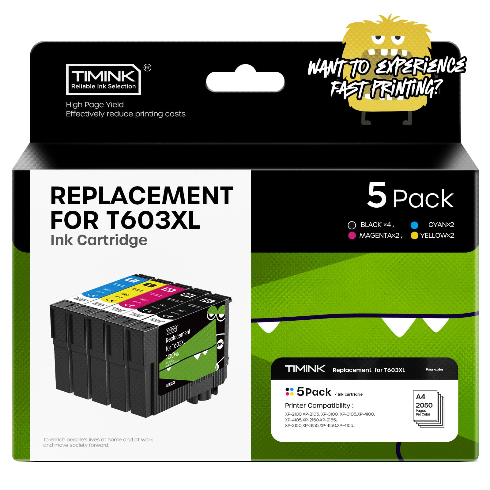Timink Comptible 603XL Ink Cartridge Replacement for Epson Expression Home XP-2100 XP-4100 XP-4105 XP-2105 XP-3100 XP-3105 WF-2850 WF-2810 WF-2830 WF-2835 (2BK 1Cyan 1Magenta 1Yellow)