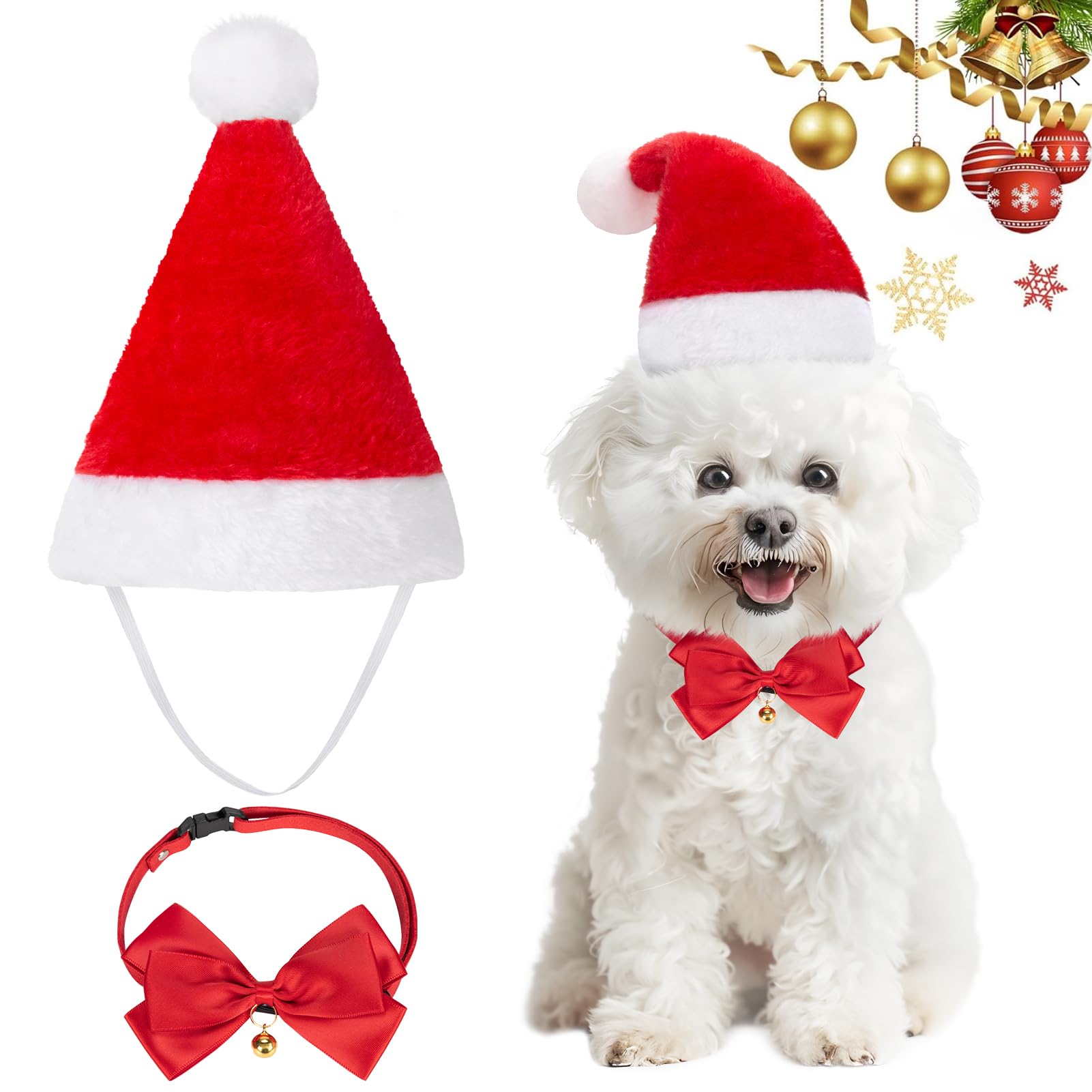 MELLIEX 2 Pcs Pet Christmas Outfit, Christmas Dog Cat Santa Hat and Bow Tie Set Adjustable Xmas Pet Costumes Cosplay Accessory