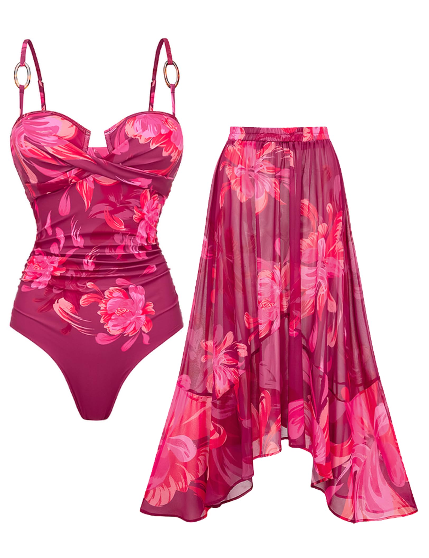 Photo 1 of FLAXMAKER Women's Bathing Suit One Piece Wrap Ruched Tummy Control Ladies Swimming Costume Retro Swimsuit and Skirt (US, Alpha, Medium, Regular, Regular, Red Swimsuit and Skirt)