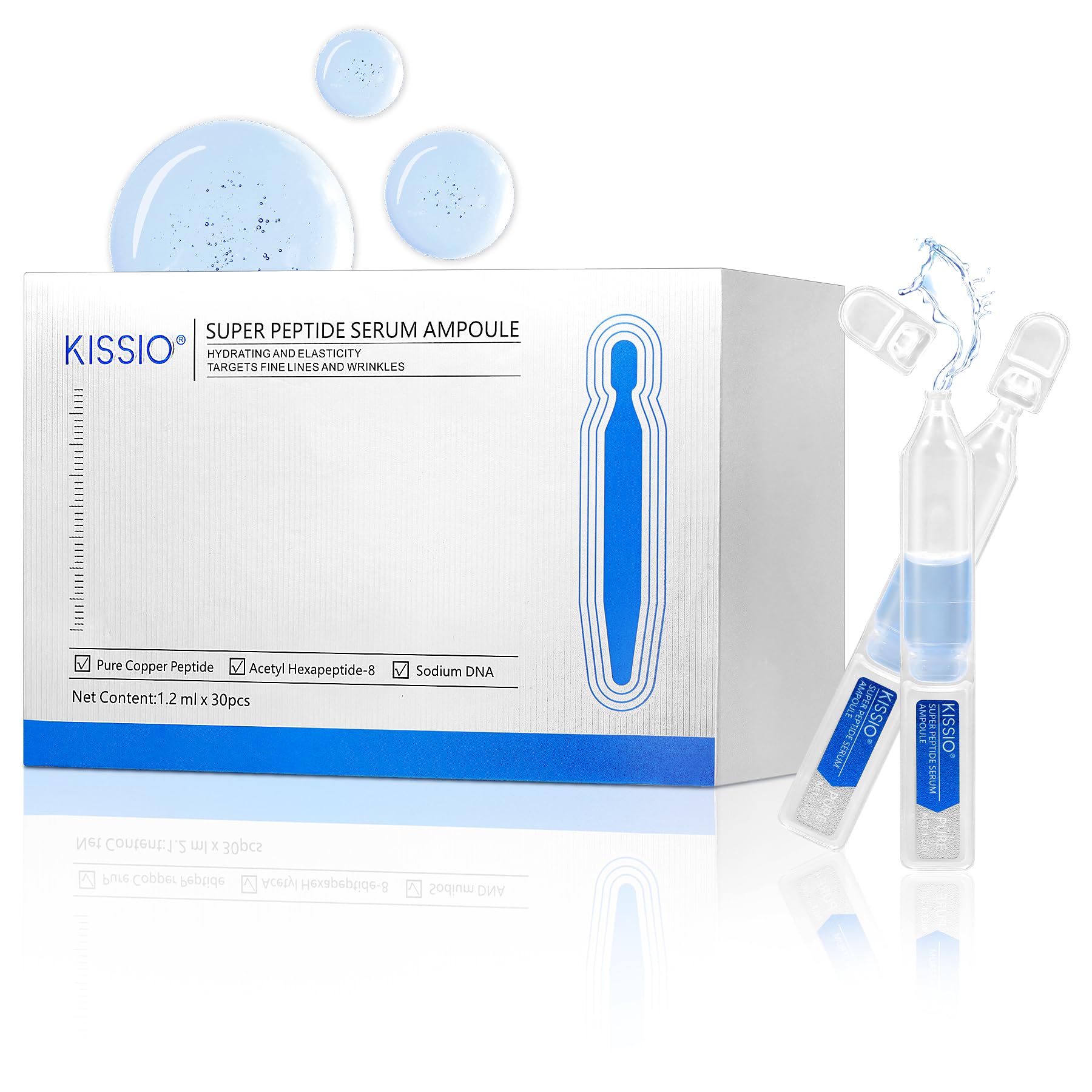 KISSIO Copper Peptide Serum Ampoule,30 Count Disposable Face Serum,Skin Rejuvenating with Collagen & Peptides for Fine Lines,Hydrating & Elasticity,Travel Size Makeup Base