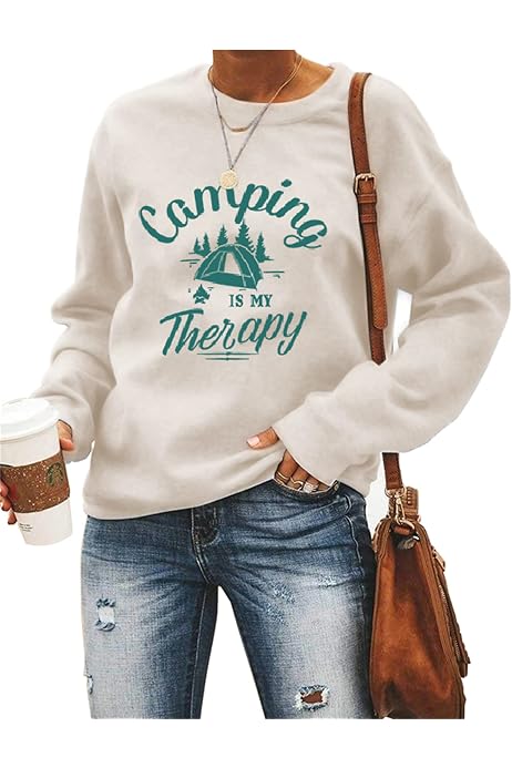 Women's Happy Camper Long Sleeve Tunic Shirt - Letter Print Casual Pullover Top (Green) - View #2