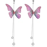 Metzakka Long Tassel Butterfly Dangle Earrings, Elegant Pearl Drop Dangle Sterling Silver Earrings For Women Gift (Pink)