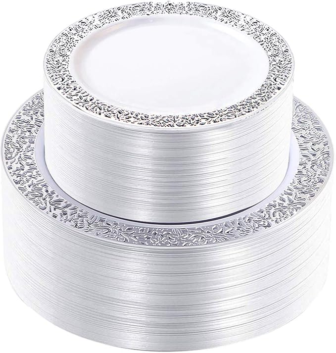 96 Pieces Silver Plastic Plates with Lace Design, White