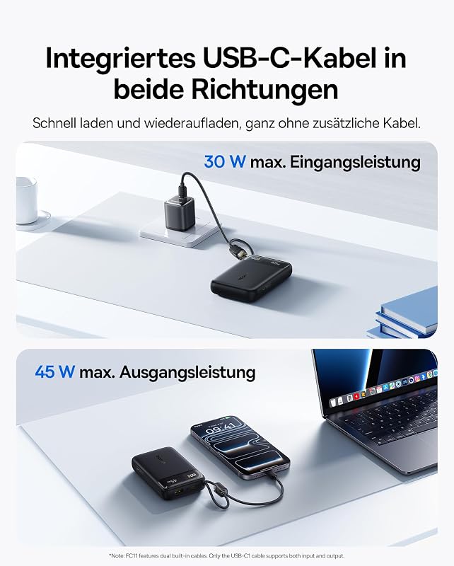 FC11 Powerbank CCC 45W 20000mAh 2 Integriertem USB-C Kabel, Schwarz