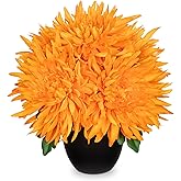 Hollyone Artificial Mums Flowers in Vase Faux Chrysanthemum Silk Flower Potted Plant Fake Plants & Flowers with Pot Floral Arrangements Bouquets Pincushion Spider Mum Flower Home Decor Orange