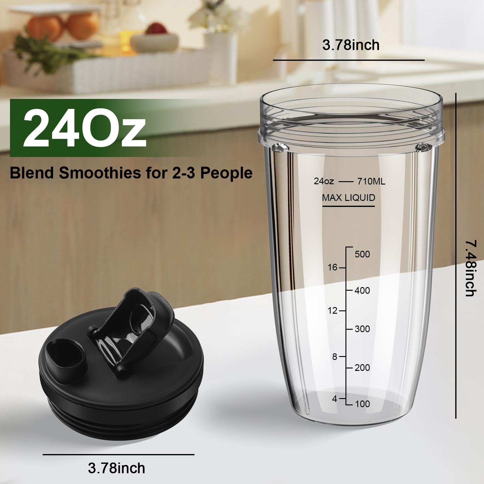 Blender Cups Replacement for Ninja, 24oz Ninja Blender Cups with To-Go Lids Compatible with Ninja BN401, BL450, BL456, BL480, BL2012, BL2013, BN751, BN801, SS101, SS151 (3 Pack)