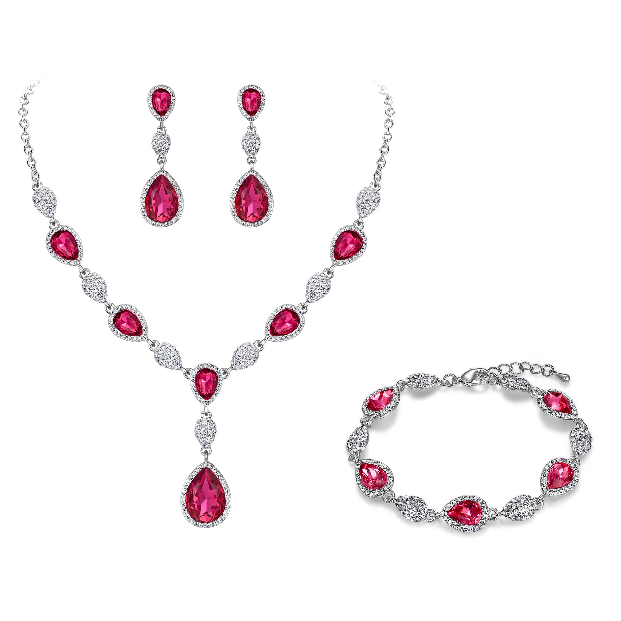 Clearine Gemstone Diamante Teardrop Wedding Bridal Costume Statement Y-Necklace Dangle Earrings Tennis Bracelet Set for Women Pink Gems