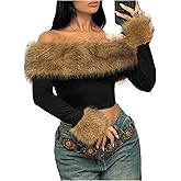 Milumia Women's Faux Fur Top Off Shoulder Long Sleeve Fuzzy Y2k Street Crop Top Party Outfits