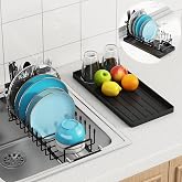 ANTOPY Sink Dish Drying Rack - Expandable Small Dish Rack Over Sinks with Silicone Drying Tray, Dish Drainer for Kitchen Counter with Cutlery Holder, Drying Rack Fit for 14&rsquo;&rsquo;-19&rsquo;&rsquo; Kitchen Sink