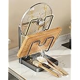 Kitchen Pot Lid Storage Rack & Organizer – Metal Pot Lid Holder While Cooking for Countertop – Heavy Duty Pan Lid Holder Stand with Drip Tray & Spoon Rest for Spatulas, Ladles & Large Lids (2-Layer)
