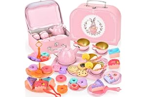Lajeje Tea Party Set for Girls – Princess Toddler Birthday Gift, Bunny Tea Time Toys with Teapot, Desserts, Cups, Plates & Carrying Case, Pretend Kitchen Playset for Kids Ages 3-8