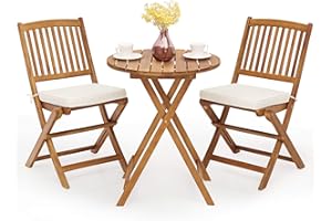 Giantex 3Pcs Patio Bistro Set, Wood Folding Table Set, 2 Cushioned Chairs for Garden Yard, Outdoor Furniture Round Table (Natural & Beige)