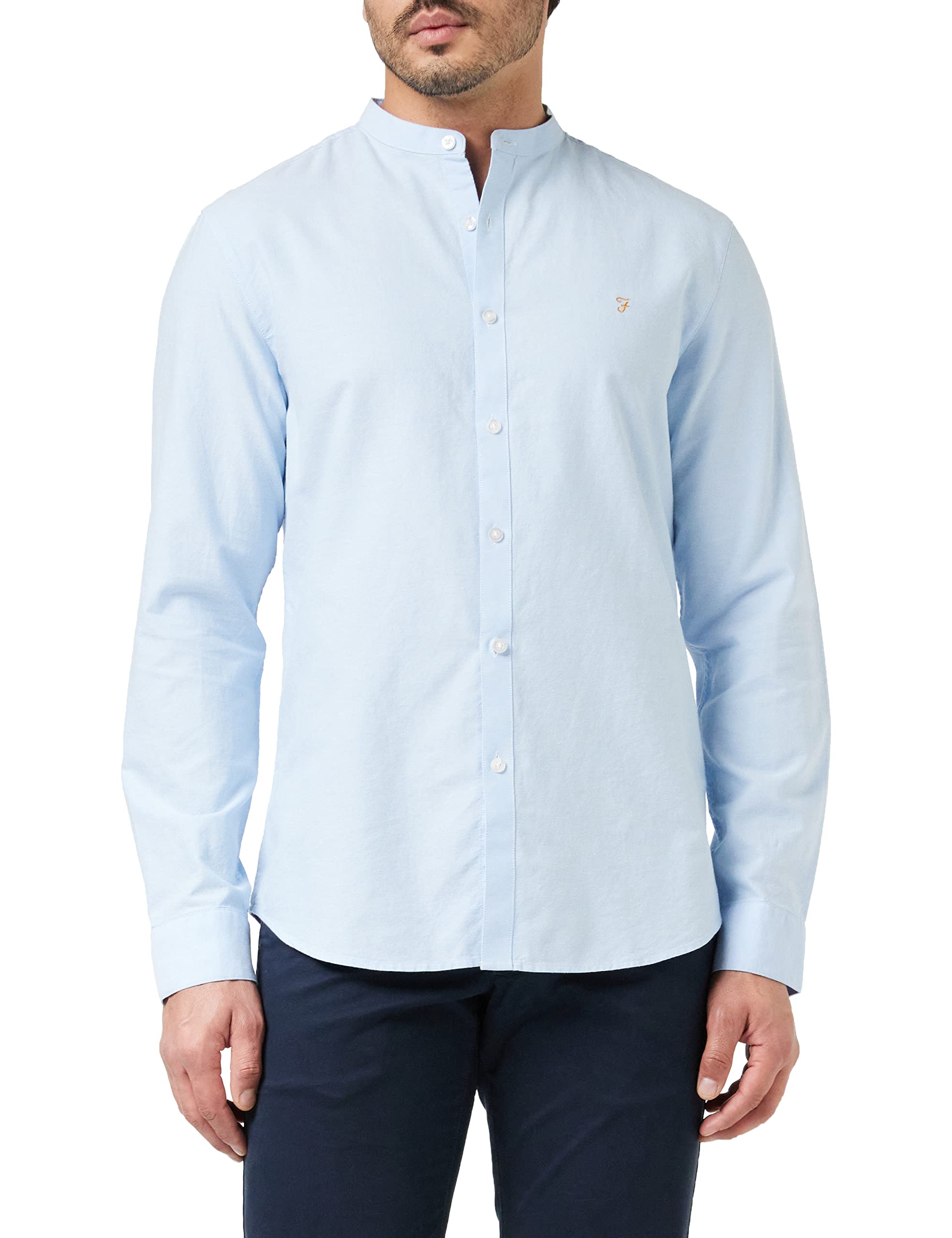 Farah - Men's Shirt, Brewer Grandad Shirt, Organic Cotton, Indigo Oxford Shirt, Casual-Style Shirt, SKB Sky Blue, XS