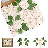 WANTMAZOR 100PCS Champagne Artificial Flowers Roses Real Looking Foam Fake Roses with Leaves for DIY Wedding Bouquets Bridal Shower Centerpieces Party Decorations (Champagne, 100)