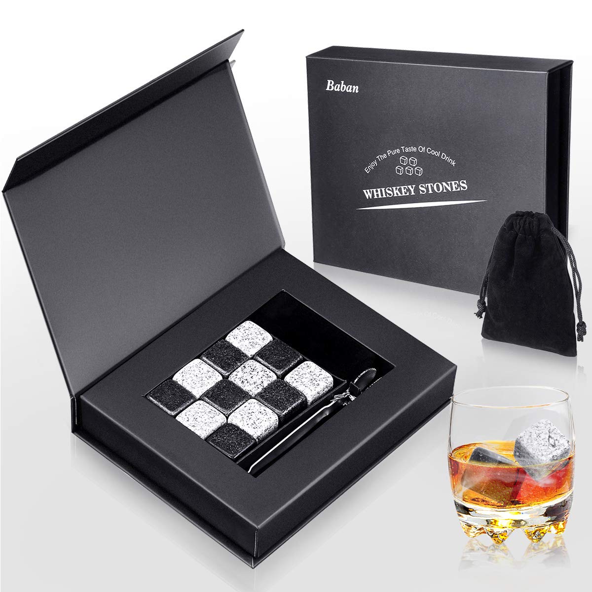 Whisky Stones Gift Set Baban 12 Pcs Natural Unique Granite Whiskey Rocks Reusable Ice Cubes Great Presents for Men or Women - Chilling Whisky Stones with Stainless Steel Tongs & Storage Pouch