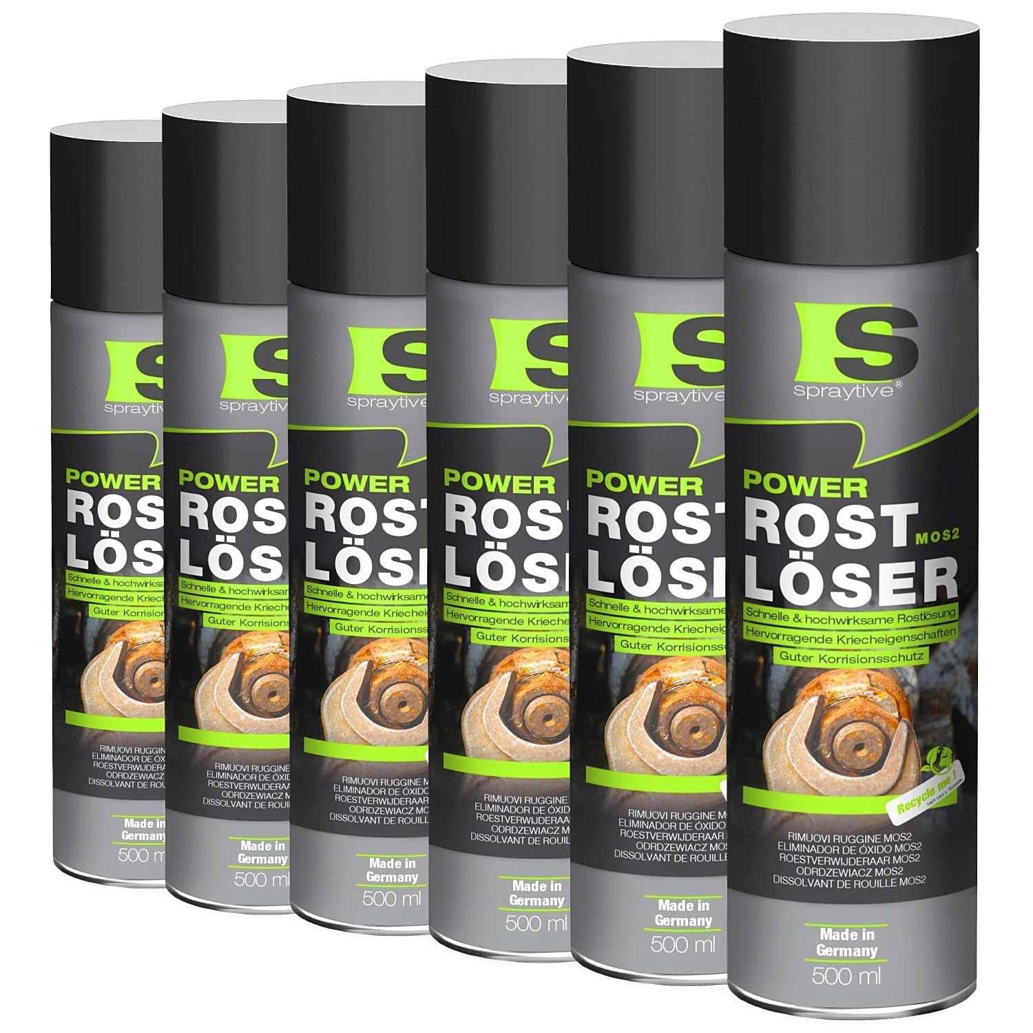 Spraytive 6 x 500ml Power Rostlöser MoS₂ Spray – Hochwirksamer Rostentferner mit Festschmierstoff – Kriechfähig, reibungsarm, korrosionsschützend – Für KFZ, Werkstatt & Industrie – Made in Germany