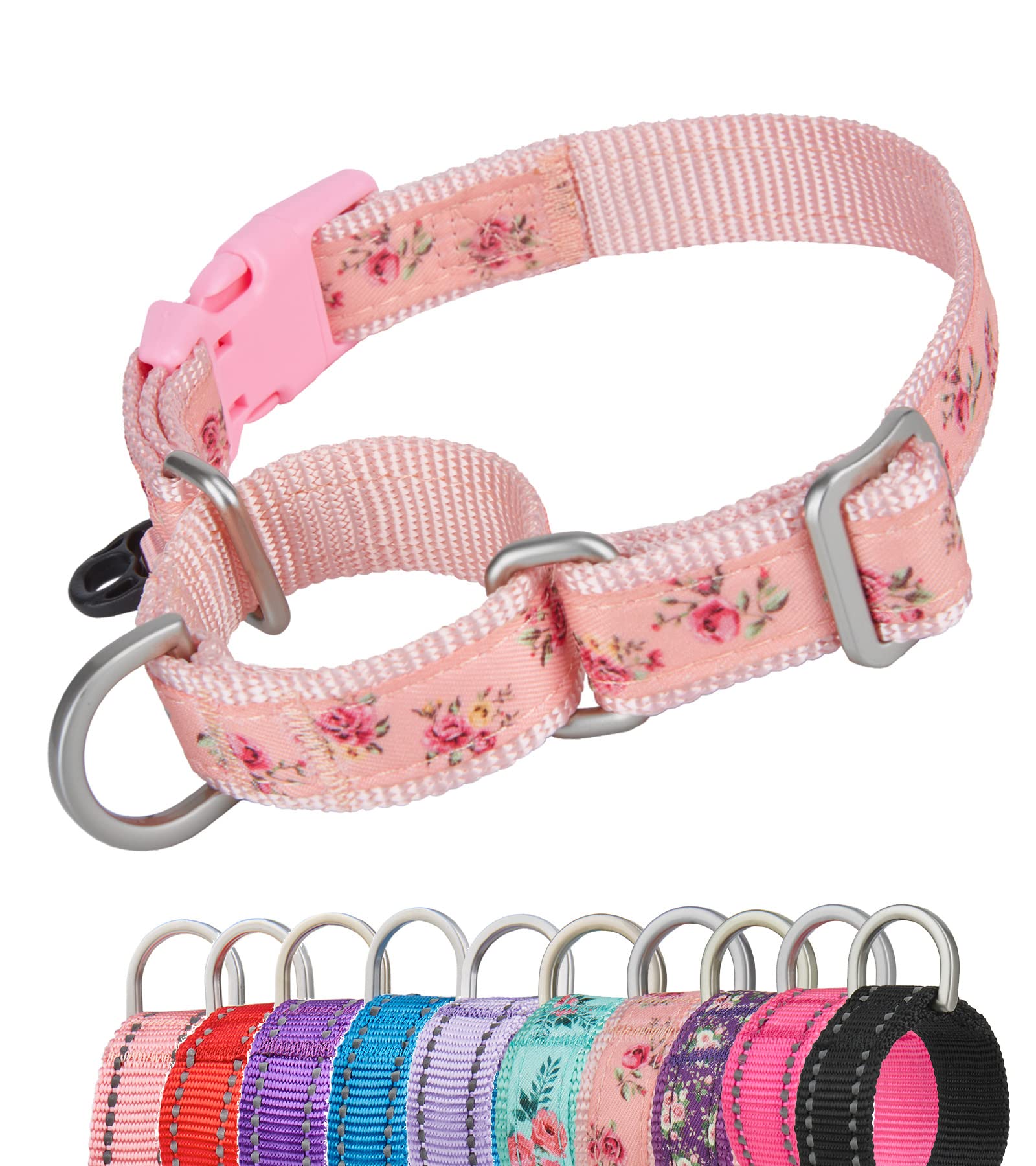 YUDOTE Martingale Dog Collars Escape-proof Anti-pull with Safety Quick Release Buckle for Narrow Head Canines Ease Walking,Small,Floral-Pink