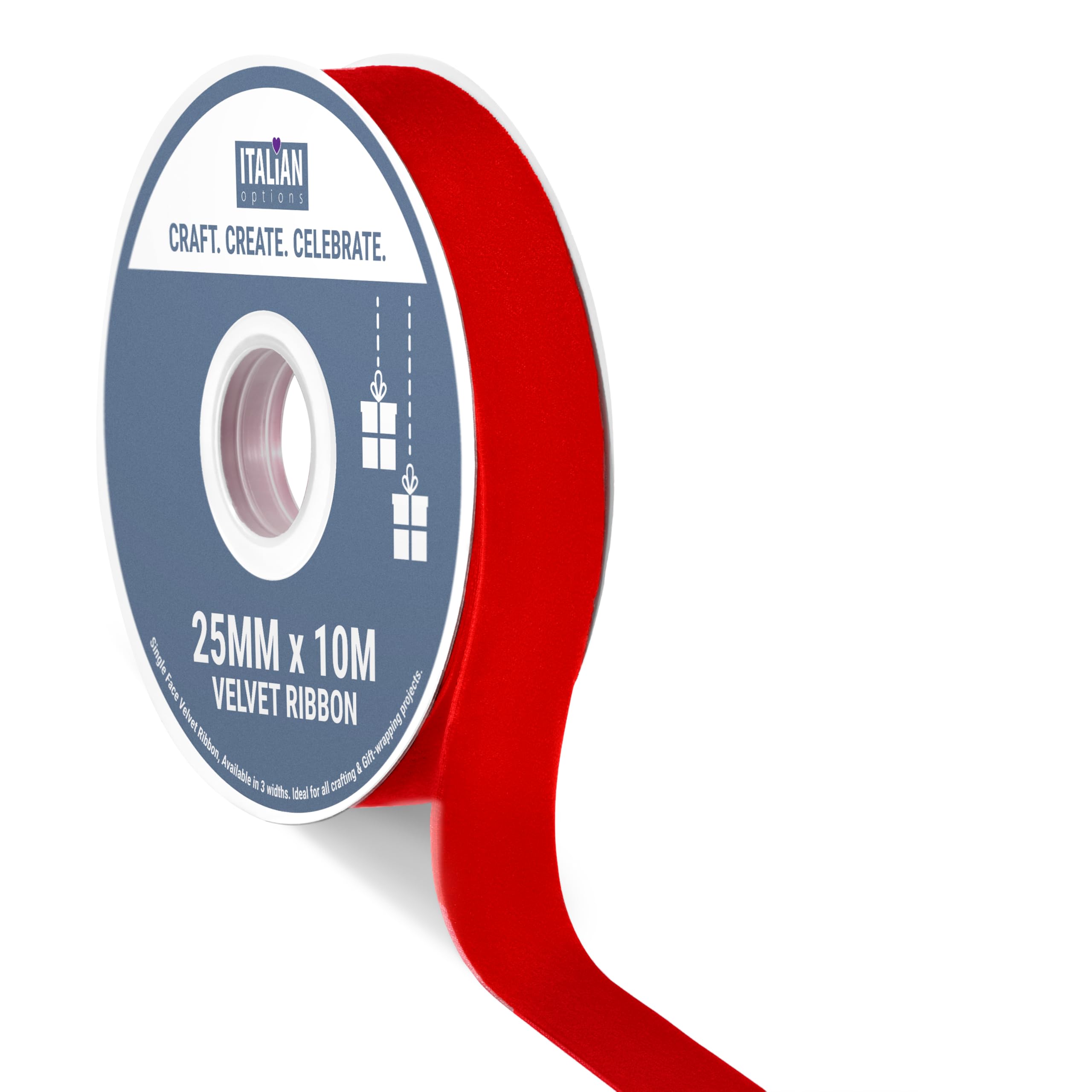 Italian Options Velvet Ribbon, Luxury, Single-Face Velvet Ribbon for Crafting, Christmas, Bows, Hair, Cakes, Weddings, Ornaments, Gift Wrapping, Flowers, 25mm x 10 Metre Roll, Red