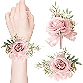 ZAGQIG 2 Pcs Pink Rose Corsage and Boutonniere Set for Wedding, Artificial Flower Prom Wrist Corsage, Wrist Corsage and Men Boutonniere Set for Prom Suit Decoration Wedding Flower Party Accessories