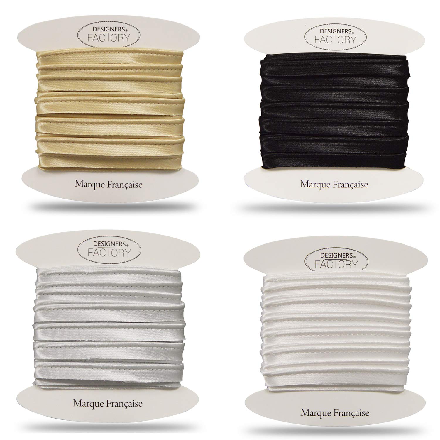designers-factory Beautiful quality satin edging - satin sewing edging ideal for sophisticated finishes. (Lot of 4 piping (5 metres each), white, black, gold, Silver)