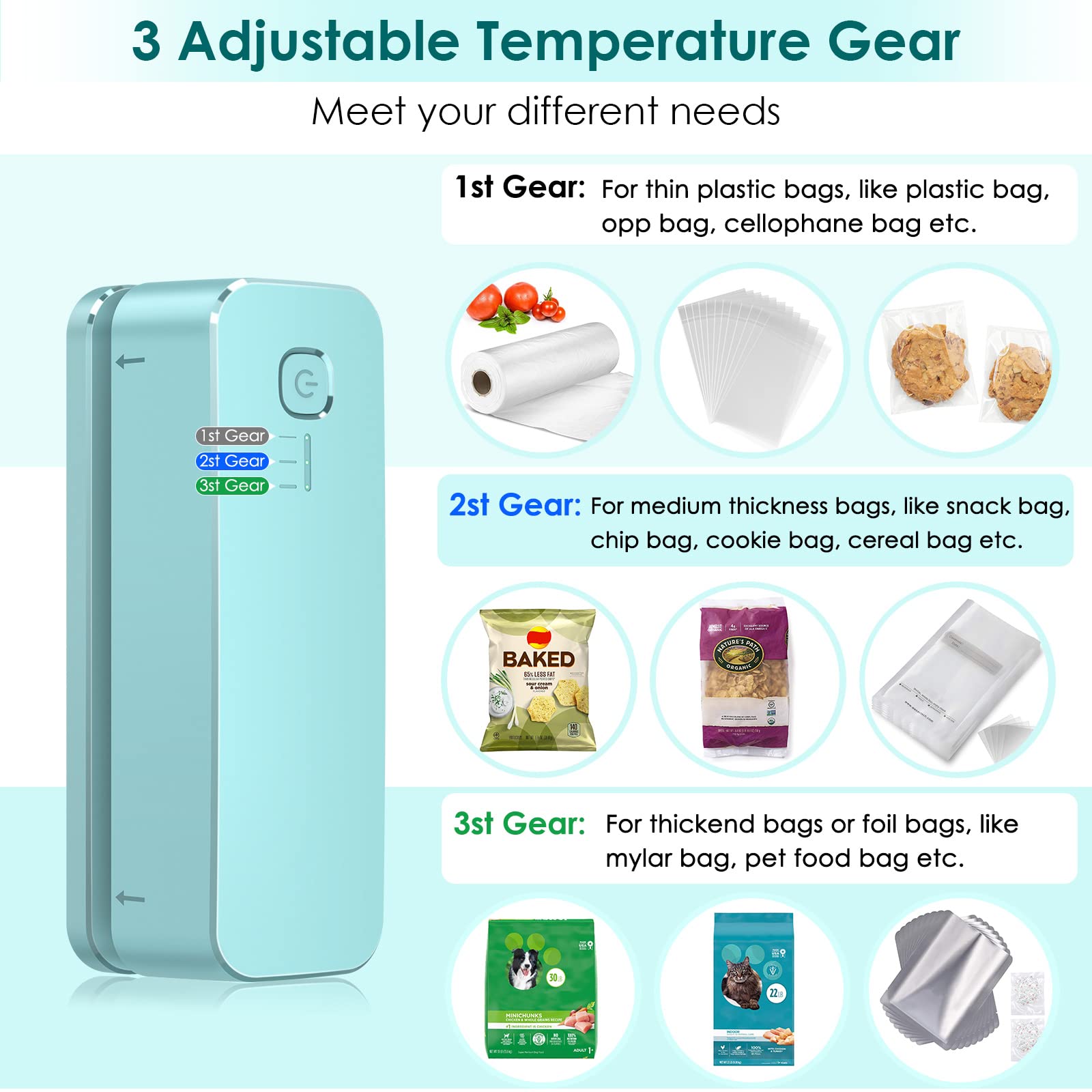 FEPPO Bag Sealer, Mini Bag Sealer 3000mAh Rechargeable Quick Heat Sealer with 3 Sealing Gear & 3.93