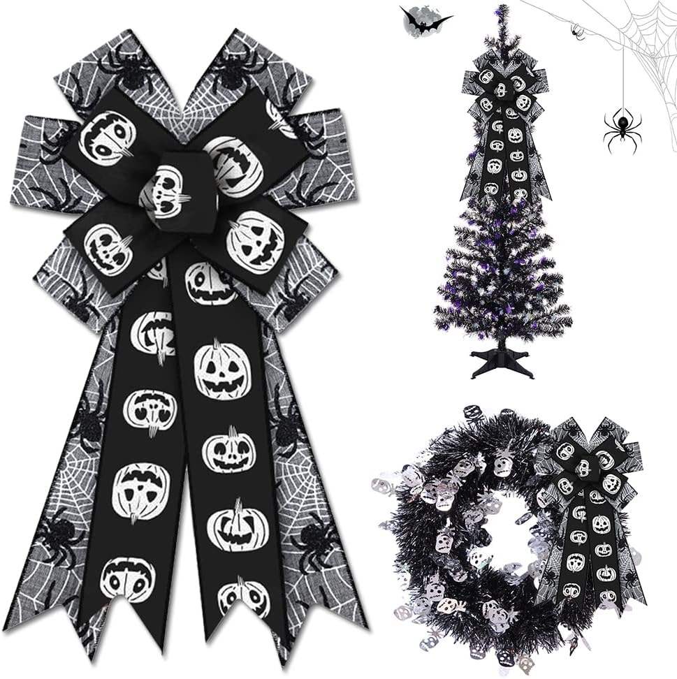 Bows & Ribbons - Estivaux Large Halloween Bows for Wreath, Halloween Pumpkin Wreath Bows Black Grey Burlap Bows Spider Web Bows Holiday Tree Topper Bows for Front Door Halloween Party Decorations