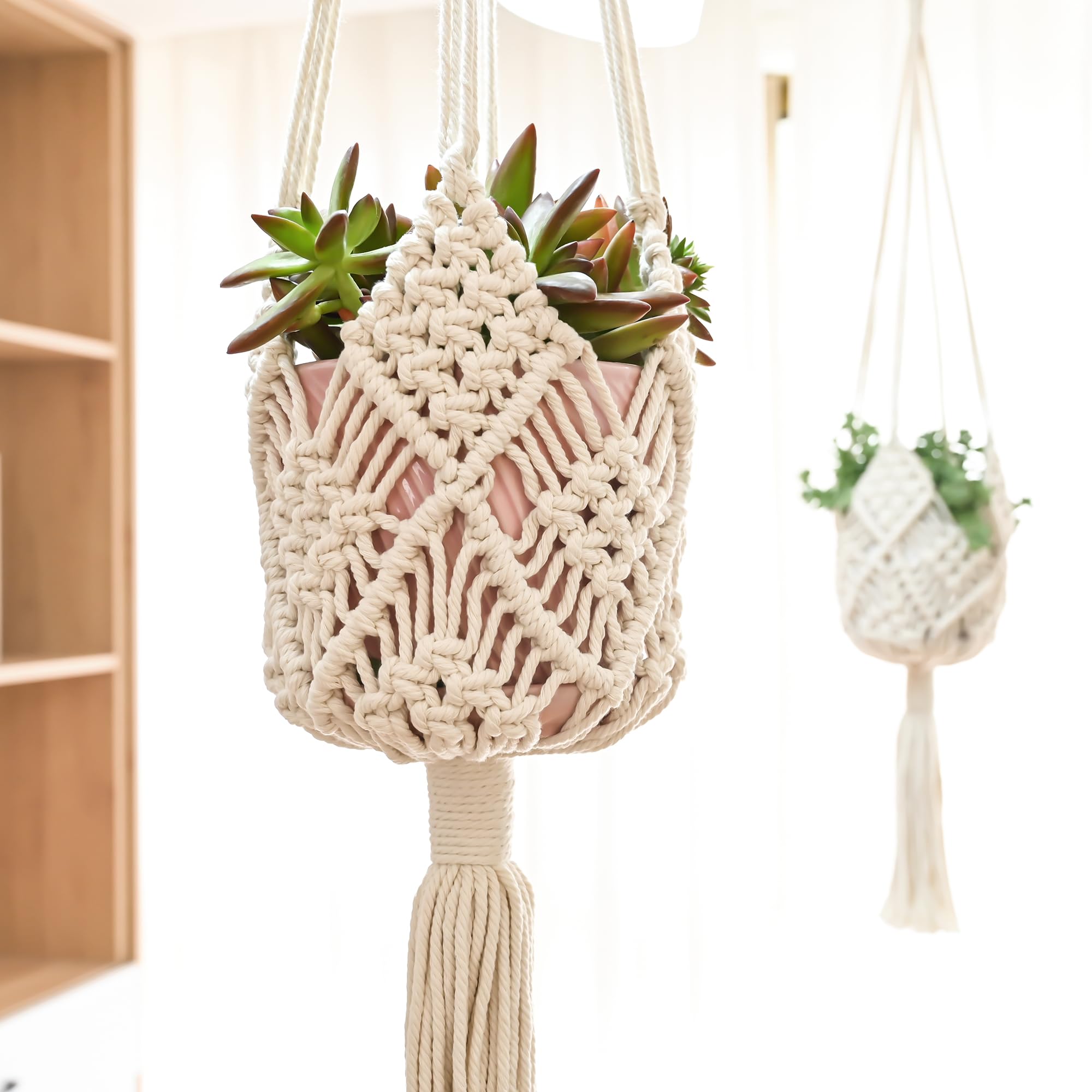 Photo 1 of Hanging Planter with Patterns,2Packs Macrame Plant Hangers Indoor Macrame for up to 8 inch Pot Crochet Boho Plant Hanger Holder for Indoor Outdoor with 2S Shaped Stainless Steel Hooks (White)