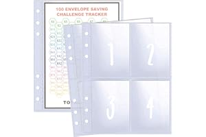 WITHYU 25 Pcs 4 Pocket 100 Envelopes Money Saving Challenge Sleeves and Tracker Sheet Protector, Fit for 6 Ring A5 Binder, Pre-Printed 1~100 Numbers Money Pockets Refill Pages,Top Loading Currency Pages