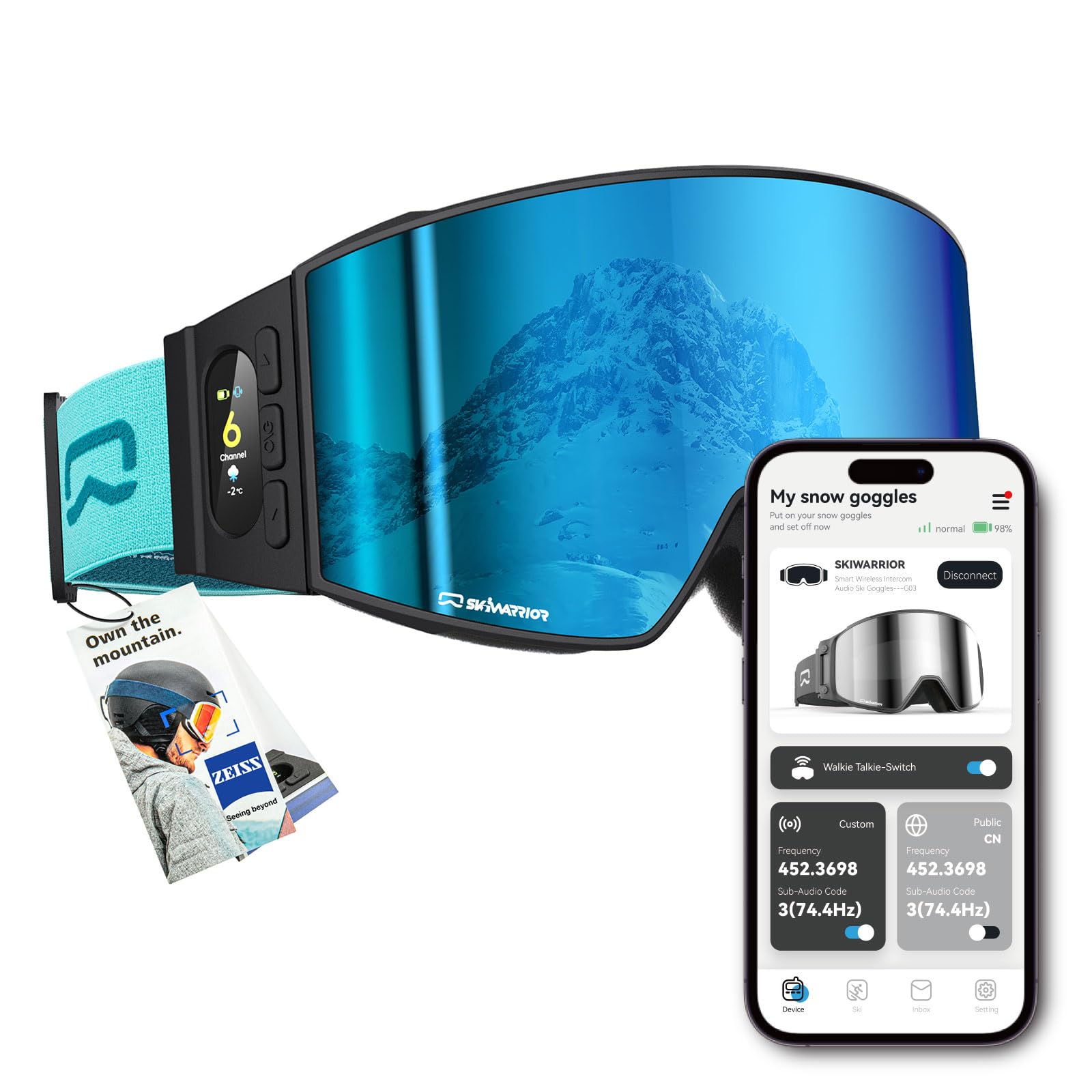 Photo 1 of SKIWARRIOR Multifunctional Smart Bluetooth Ski Goggles with Walkie-Talkie, Anti-Fog Zeiss Lens, Music & Call Function (G01-Zeiss-Blue)