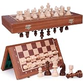 Magnetic Wooden Chess Set, 16 Inch Folding Board, Premium Wood Pieces with 2 Extra Queens, Storage Box, for Adults