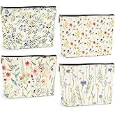 4 Pcs Watercolor Wildflower Makeup Bag, Botanical Cosmetic Bags Plant Lover Friendship Gifts for Women Sister Bestie Mom Friend Thanksgiving Christmas Birthday Gifts Travel Toiletry Bag Accessories