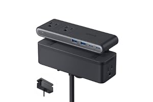 Anker 纳米电源板,桌面夹带 1500J 浪涌保护器,5 英尺(约 1.5 米)延长线,70W 最大游戏桌配件,6 AC,2 个 USB A,2 个 USB C,家庭办公必备品,适合 0.6~1.8 英寸(约 1.5 厘米)桌面边缘