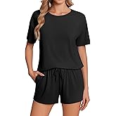 Ekouaer Pajama Set for Women Viscose from Bamboo Short Sleeve Tops and Shorts Set 2 Piece Lounge Set
