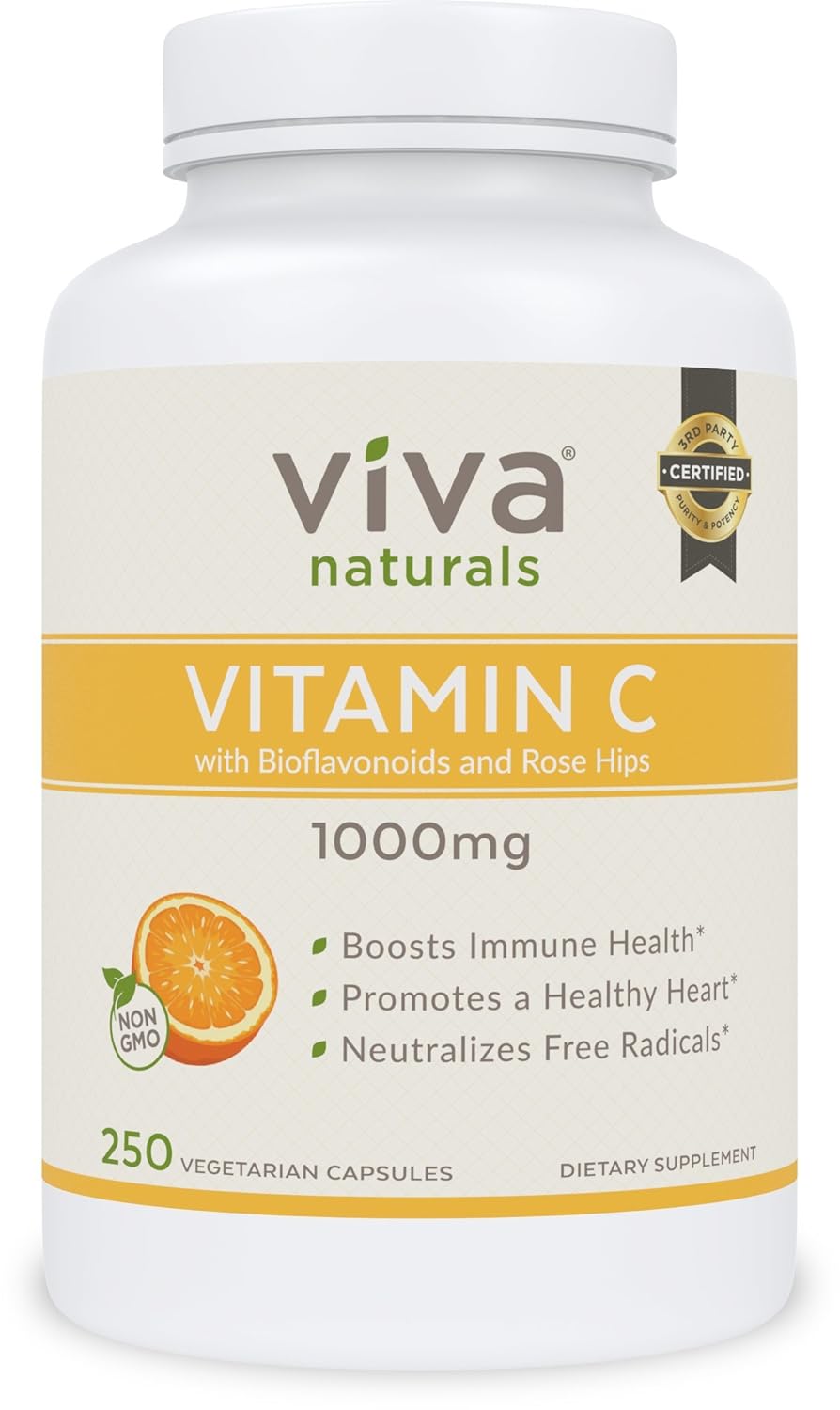 Viva Naturals Premium NonGMO Vitamin C with Bioflavonoids and Rose