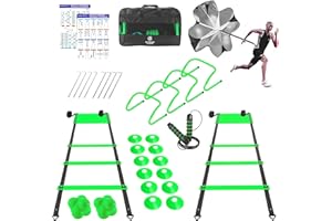 STRIKERSTEPS 2x 20ft Agility Ladder Speed Training Set – Double Ladder Kit with 12 Cones, 4 Adjustable Hurdles, Jump Rope & Running Parachute | Agility Equipment for Soccer, Football, Basketball, Kids & Adults