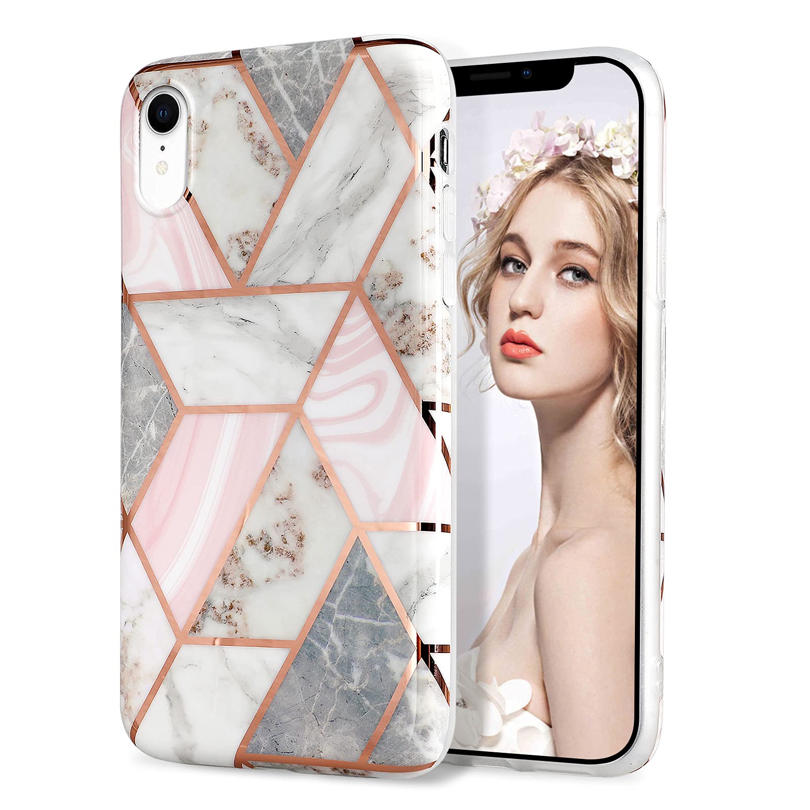 IMIKOKO iPhone XR Case Stylish Shiny Rose Gold Marble Design Glitter Sparkle fit for Women Girls Bumper Case Glossy TPU Soft Rubber Silicone Shockproof Cover for iPhone Xr 6.1 Inch (Pink)