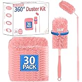30 Count Pink Duster Refills Compatible with Swiffer Handle, 360° Multi-Surface Duster Refills with 2 Handle, 5X Microfibers 