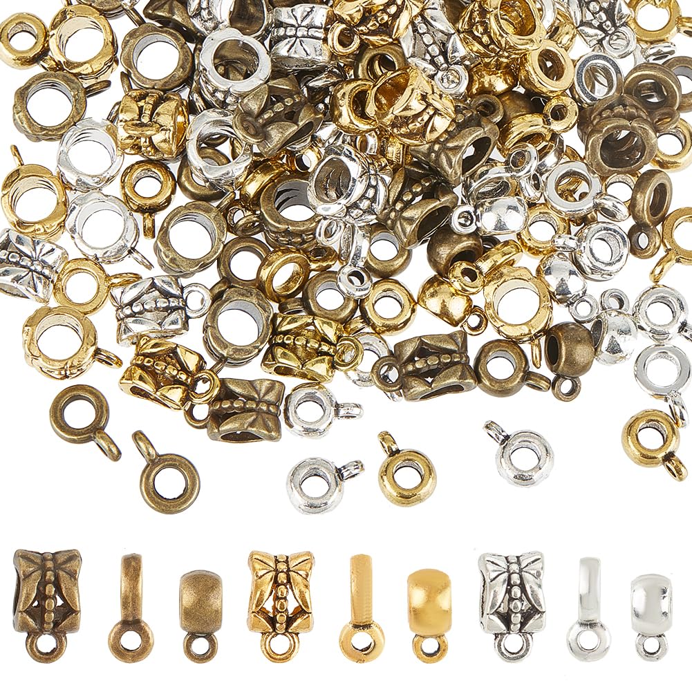 SUNNYCLUE 1 Box 180Pcs 9 Styles Bail Tube Beads Links Bail Bead Slide Charm Loop Hanger Dangle Antique Tibetan Silver Golden Connector Column Bead for European Charms Bracelet Necklace jewellery Makin