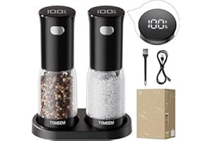 TOMEEM Electric Salt and Pepper Grinder Set – Rechargeable with LED Power Indicator, 5-Level Adjustable Grinding, LED Light, 4.5oz Large Capacity Salt and Pepper Shakers with Storage Base
