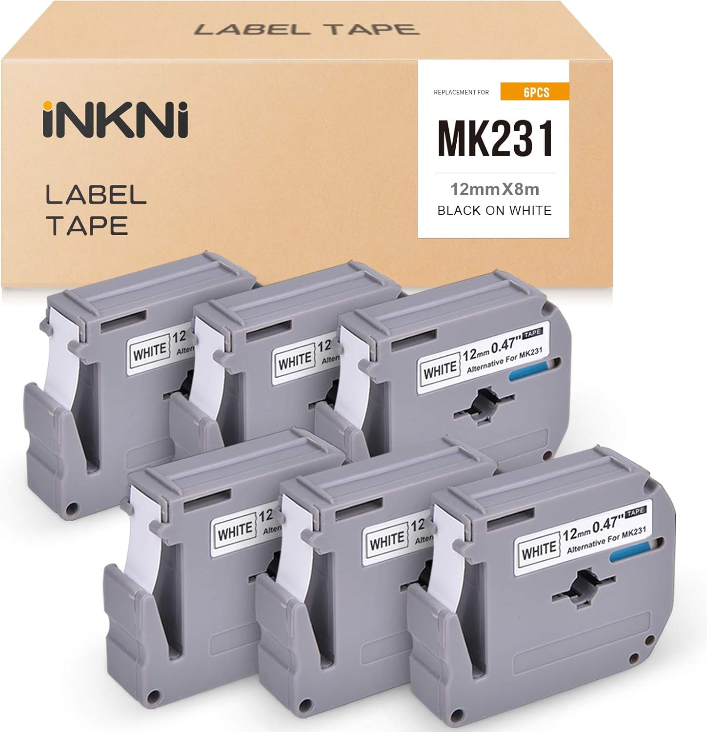 INKNI Compatible Label Tape Replacement for Brother M Tape MK231 M231 M-K231 use with Brother P Touch Label Maker PT-M95 PT-90 PT70 PT-65 PT-85, 0.47 Inch x 26.2 Feet, Black on White, 6-Pack